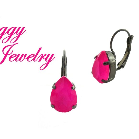 Electric Neon Pink Crystal Pear Shaped Earrings, Hot Summery Pink Teardrops - Picture 3 of 5
